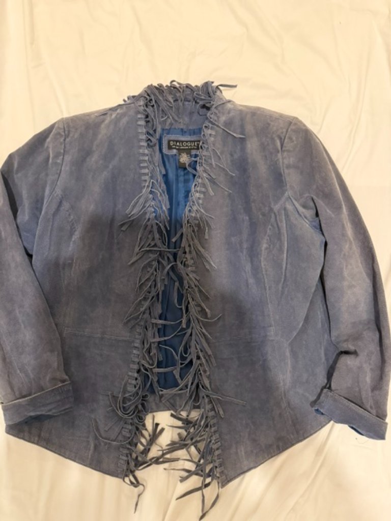 Women's Dialogue Blue Suede Leather Fringe Jacket Large Y2k Vintage Boho Western